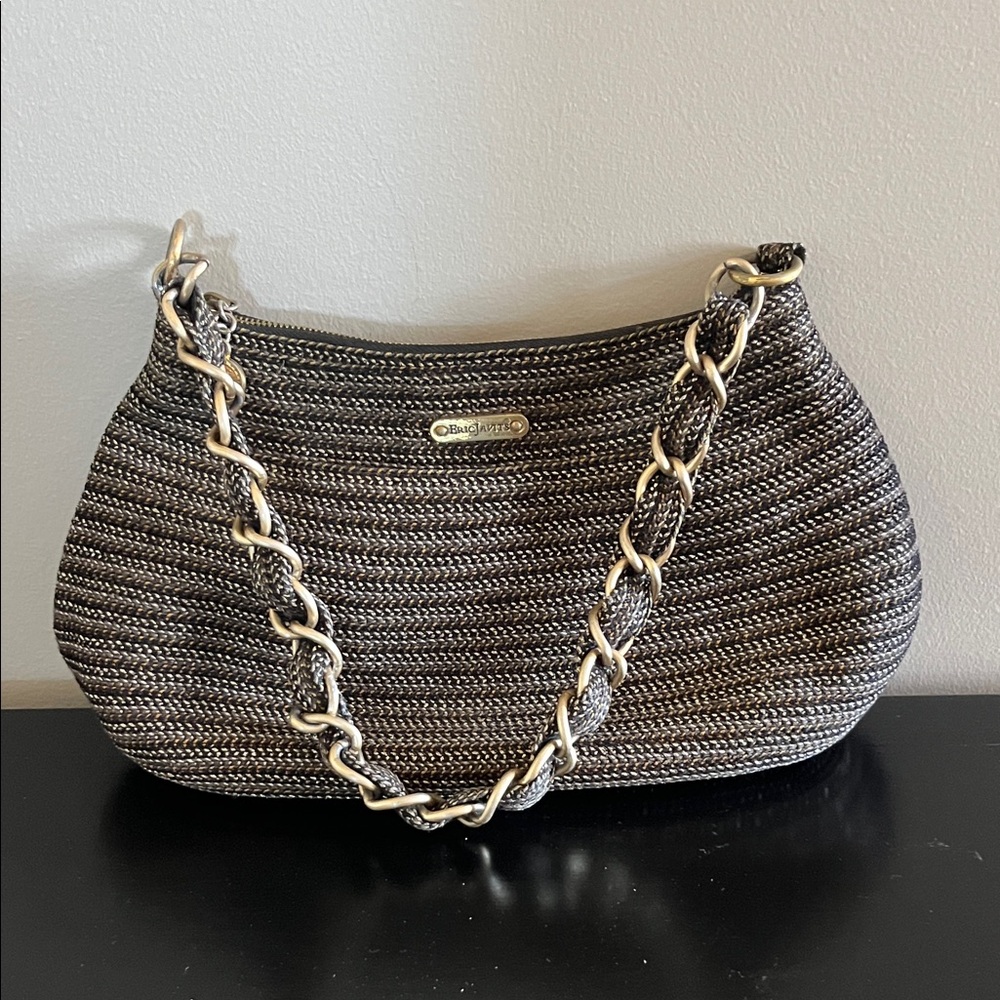Eric Javits Black and Gold Woven Shoulder Bag with Gold Shimmer